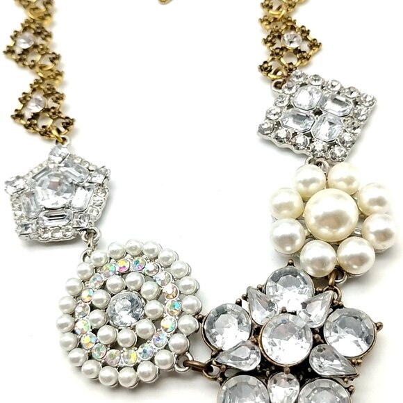 Plunder Statement Necklace Mixed Metal Gold Silver Crystal Pearl Chunky Chain - Picture 5 of 16